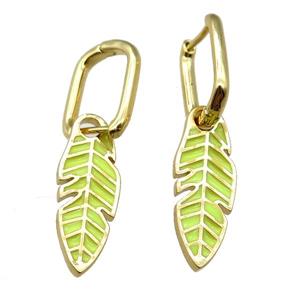 copper Latchback Earrings with Olive Enamel Leaf, gold plated, approx 9-23mm, 12x16mm
