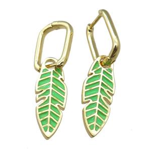 copper Latchback Earrings with Green Enamel Leaf, gold plated, approx 9-23mm, 12x16mm