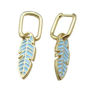 copper Latchback Earrings with Blue Enamel Leaf, gold plated, approx 9-23mm, 12x16mm