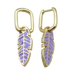 copper Latchback Earrings with Purple Enamel Leaf, gold plated, approx 9-23mm, 12x16mm