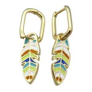 copper Latchback Earrings with Rainbow Enamel Leaf, gold plated, approx 9-23mm, 12x16mm