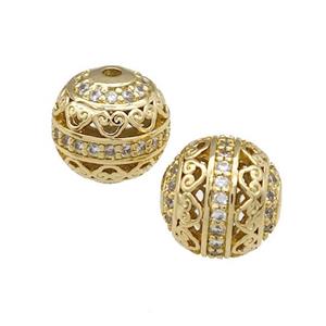 copper round beads pave zircon, hollow, gold plated, approx 9.5mm dia