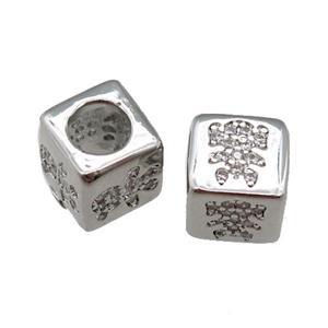 European Style copper cube beads pave zircon, kid, platinum plated, approx 7.5mm, 4mm hole