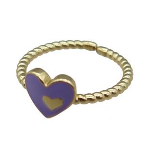 copper Ring with purple enamel heart, gold plated, approx 9mm, 18mm dia