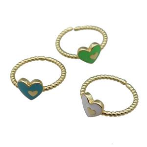 copper Ring with enamel heart, mix, adjustable, gold plated, approx 9mm, 18mm dia