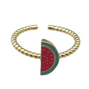 adjustable copper Rings with red enamel watermelon, gold plated, approx 5.5x11mm, 18mm dia
