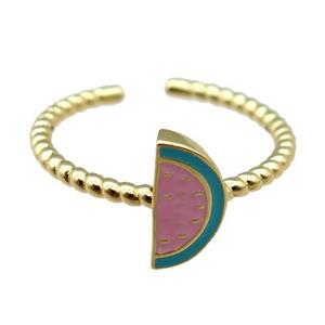 adjustable copper Rings with pink enamel watermelon, gold plated, approx 5.5x11mm, 18mm dia