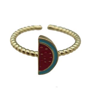 adjustable copper Rings with dp.red enamel watermelon, gold plated, approx 5.5x11mm, 18mm dia