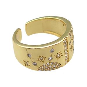 adjustable copper Rings pave zircon, gold plated, approx 11mm, 18mm dia