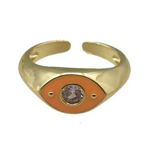 adjustable copper Rings with orange enamel eye, gold plated, approx 8mm, 18mm dia