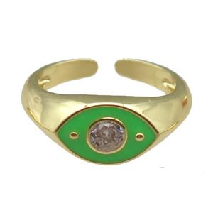adjustable copper Rings with green enamel eye, gold plated, approx 8mm, 18mm dia