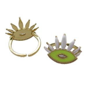 adjustable copper Rings with yellow enamel eye, gold plated, approx 18-20mm, 18mm dia