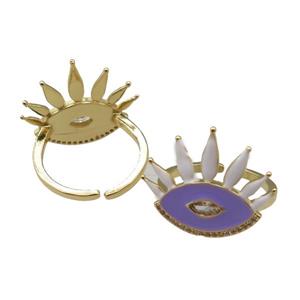 adjustable copper Rings with purple enamel eye, gold plated, approx 18-20mm, 18mm dia