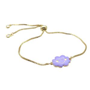 copper Bracelet with purple enamel cloudface, adjustable, gold plated, approx 11-14mm, 22-24cm length