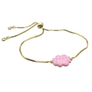 copper Bracelet with pink enamel cloudface, adjustable, gold plated, approx 11-14mm, 22-24cm length