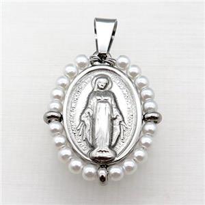 stainless steel Jesus pendant with pearlized glass, approx 23-30mm