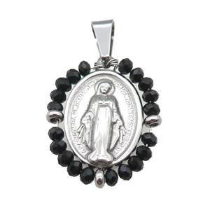 stainless steel Jesus pendant with black crystal glass, approx 23-30mm