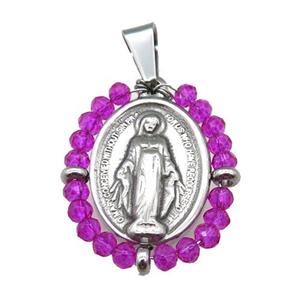 stainless steel Jesus pendant with hotpink crystal glass, approx 23-30mm