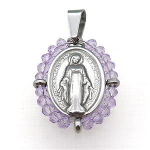 stainless steel Jesus pendant with lavender crystal glass, approx 23-30mm