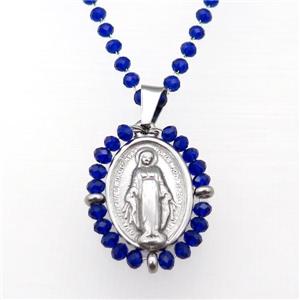 Stainless Steel Jesus Necklace Blue Crystal Glass Platinum Plated, approx 23-30mm, 50-55cm length
