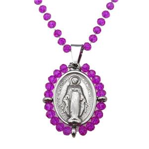 Stainless Steel Jesus Necklace Hotpink Crystal Glass Platinum Plated, approx 23-30mm, 50-55cm length