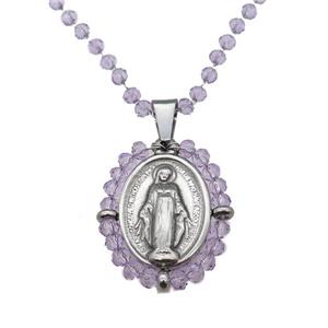 Stainless Steel Jesus Necklace Lt.purple Crystal Glass Platinum Plated, approx 23-30mm, 50-55cm length