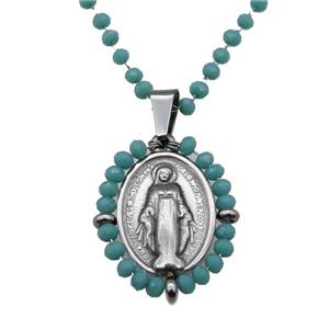 Stainless Steel Jesus Necklace Green Crystal Glass Platinum Plated, approx 23-30mm, 50-55cm length
