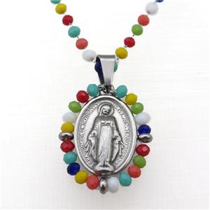Stainless Steel Jesus Necklace Multicolor Crystal Glass Platinum Plated, approx 23-30mm, 50-55cm length