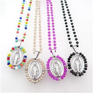 Stainless Steel Jesus Necklace Crystal Glass Platinum Plated Mixed, approx 23-30mm, 50-55cm length