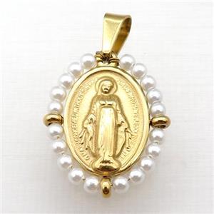 stainless steel Jesus pendant with white pearlized glass, gold plated, approx 23-30mm