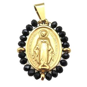 stainless steel Jesus pendant with black crystal glass wrapped, gold plated, approx 23-30mm