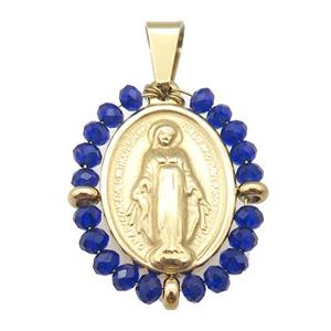 stainless steel Jesus pendant with blue crystal glass wrapped, gold plated, approx 23-30mm
