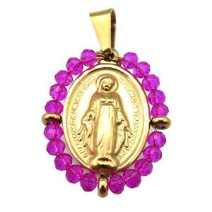 stainless steel Jesus pendant with hotpink crystal glass wrapped, gold plated, approx 23-30mm