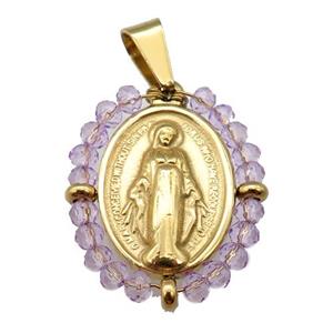 stainless steel Jesus pendant with purple crystal glass wrapped, gold plated, approx 23-30mm