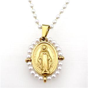 Stainless Steel Jesus Necklace White Pearlized Glass Gold Plated, approx 23-30mm, 50-55cm length
