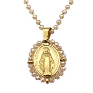 Stainless Steel Jesus Necklace Champagne Crystal Glass Gold Plated, approx 23-30mm, 50-55cm length