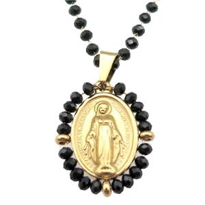 Stainless Steel Jesus Necklace Black Crystal Glass Gold Plated, approx 23-30mm, 50-55cm length