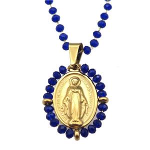 Stainless Steel Jesus Necklace Deepblue Crystal Glass Gold Plated, approx 23-30mm, 50-55cm length