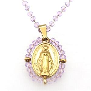 Stainless Steel Jesus Necklace Lt.purple Crystal Glass Gold Plated, approx 23-30mm, 50-55cm length