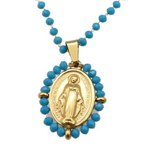Stainless Steel Jesus Necklace Teal Crystal Glass Gold Plated, approx 23-30mm, 50-55cm length