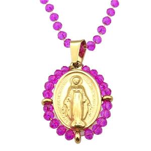 Stainless Steel Jesus Necklace Hotpink Crystal Glass Gold Plated, approx 23-30mm, 50-55cm length