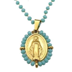Stainless Steel Jesus Necklace Green Crystal Glass Gold Plated, approx 23-30mm, 50-55cm length
