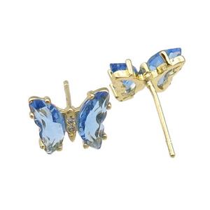 lt.blue Crystal Glass Butterfly Stud Earrings, gold plated, approx 8-10mm