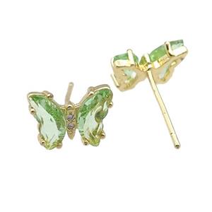lt.green Crystal Glass Butterfly Stud Earrings, gold plated, approx 8-10mm