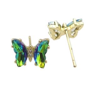 green Crystal Glass Butterfly Stud Earrings, gold plated, approx 8-10mm