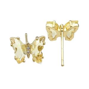 champagne Crystal Glass Butterfly Stud Earrings, gold plated, approx 8-10mm