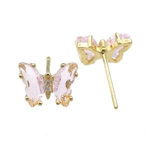 lt.pink Crystal Glass Butterfly Stud Earrings, gold plated, approx 8-10mm