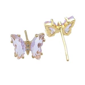 lavender Crystal Glass Butterfly Stud Earrings, gold plated, approx 8-10mm