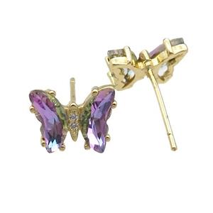 purple Crystal Glass Butterfly Stud Earrings, gold plated, approx 8-10mm