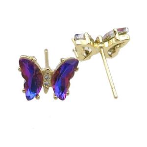 darkpurple Crystal Glass Butterfly Stud Earrings, gold plated, approx 8-10mm